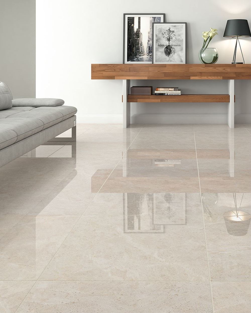Piso de porcelanato polido com reflexo em ambiente residencial sofisticado Lumine
